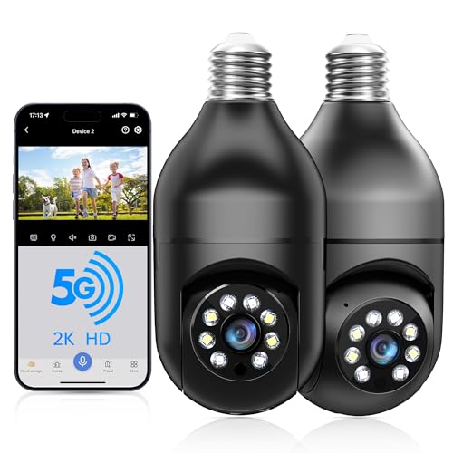 WESECUU Light Bulb Security Camera -5G& 2.4GHz WiFi 2K Security Cameras Wireless Outdoor Motion Detection and Alarm,Two-Way Talk,Color Night Vision,Human Detection, Bulb Camera Compatible with Alexa