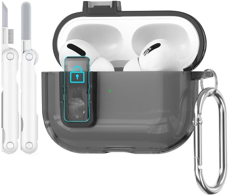 Capa para AirPods Pro 3 Transparente 2025 - TPU Macio para AirPods Pro 3ª Geração, Design de Fechadura com Bloqueio Automático, Com Kit de Limpeza e Alicate de Chaves, Unissex(Negro)