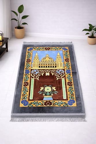 Image of Janamaz Prayer Mat Turkey Soft Velvet | Namaz Mat, Janimaz Namaz Aasan, Islamic Prayer Rug for Salah | 70x110 CM (Printed Grey Large)