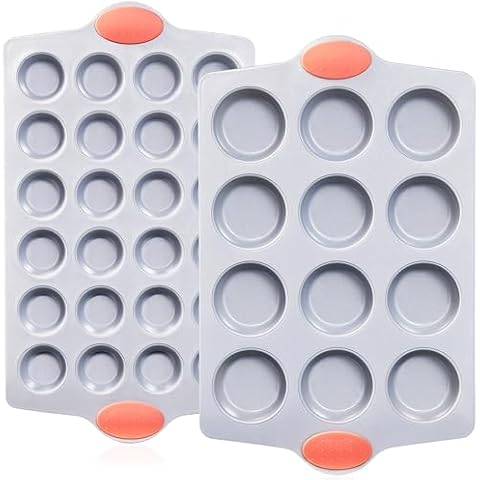 BRONYPRO Ceramic Muffin Pan, 12-Cup and 24-Cup Nonstick Aluminized Steel Mini Cupcake Pans, Healthy Non-Toxic Ceramic Coating Muffin Tin, 2 Pack Cup Cake Pans for Baking Coral Cover