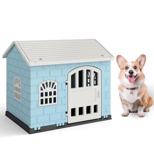 COSTWAY Cuccia per Cani da Esterno ed Interno, Casetta per Cani con Porta Bloccabile, 3 Finestre e Tetto Inclinato, Cucce in Plastica Impermeabile per Cagnolini Piccoli, 75 x 58 x 65 cm (Blu)