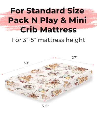 Image of Pack and Play Sheets 2 Pack, Fitted Jersey Knit Mini Crib Sheets for Baby Boys and Girls, Compatible with Graco Pack N Play and Mini Crib Mattress (Forest Friends, Pack N Play /Mini Crib Sheets)
