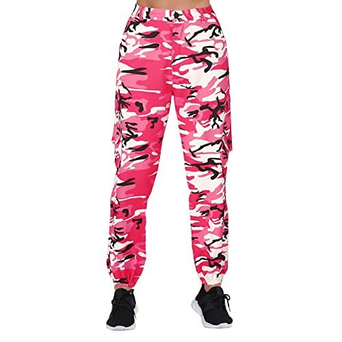 Generisch Pantalones cargo para mujer, pantalones de camuflaje, cintura elástica, informales, multi al aire libre, pantalones cortos para mujer, elegantes, rojo, S