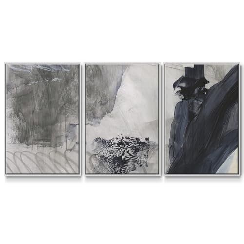 Renditions Gallery Abstract Wall Art Black and Grey Painting Modern Minimalist Home Décor Artwork 3 Pieces of White Framed Canvas Prints Wall Decorations for Bathroom and Bedroom 16x24 Inch LS008
