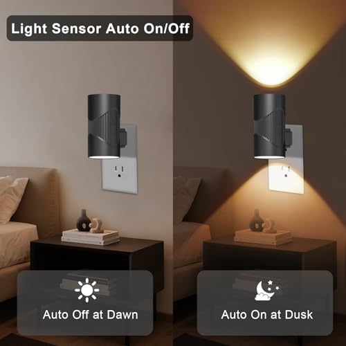 Image of easuntec Night Lights Plug into Wall, Plug in Night Light, Night Light, Dusk to Dawn Light Sensor, 3 Light Modes, Dimmable Night Lights for Bedroom Bathroom Hallway Kitchen Stairs (Black, 2 Pack)