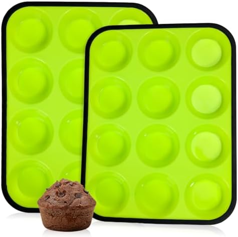 CAKETIME Silicone Muffin Pan for Baking, Metal Reinforced Frame Silicone Cupcake Pan Regular Size Muffin Tins Nonstick 12 Cups Easy to Move 2 Pack