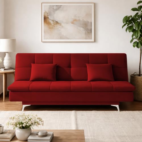 Image of Adorn India Premium New Aspen 3 Seater Sofa Cum Bed 4X6 Velvet Suede with 2 Cushions (Color Red) and Suitable for All Indoor, with 3 Years Warranty
