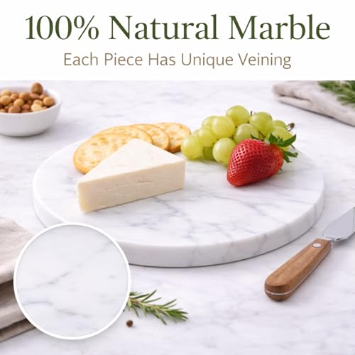 Image of 8-Inch Round Marble Cheese Board | Solid White Natural Marble, Charcuterie & Serving Tray, Non-Slip Rubber Feet, 0.5 Inch Thick Stone