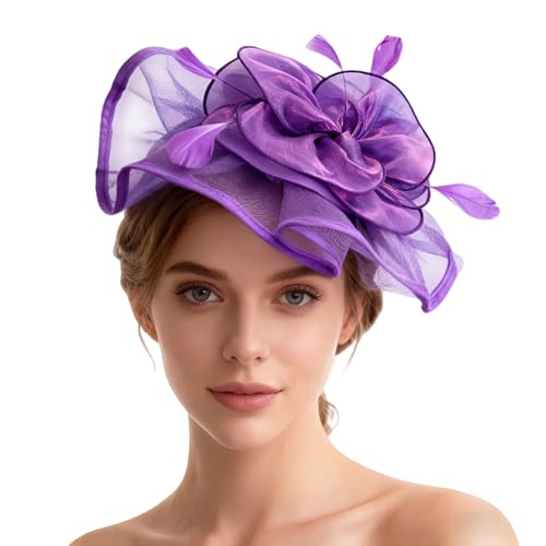 Hiiooweiyi Womens Transparent Hard Yarn Church Charming Bridal Tea Party Wedding Hat Summer Church Wedding Bridal Cocktail Feather Pearl Tea Party Hat One Size - Purple