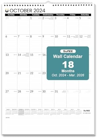 SUNEE Calendar 2025 18 Months Wall Calendar Oct. 2024 - Mar. 2026, 12"x17" Big Hanging Calendar with Note, Past Month and Next Month for Organizing & Planning, Black