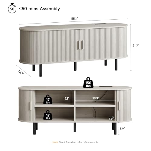 Image of ONBRILL 55 inch TV Stand with Power Outlet for TVs up to 60 Inch, Entertainment Center with Storage and Adjustable Shelves, Modern Media Console with Sliding Doors for Living Room, Natural White