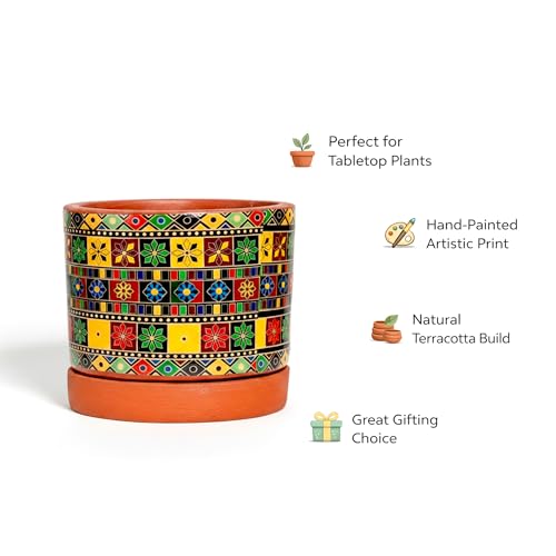 Image of Urban Plant Royal Motif 3D Terracotta Pot with Saucer | Hand-Painted Multicolor Ethnic Design Planter | Indoor Decorative Clay Plant Pot with Drainage Hole | Tabletop Flower Pot