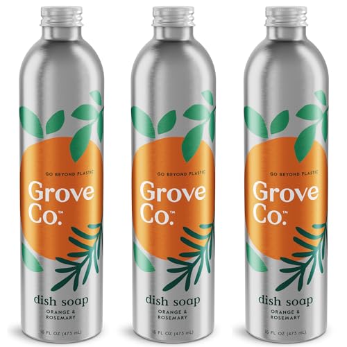 Grove Co. Ultimate Dish Soap Refills (3 x 16 Fl Oz) Removes 48-hr Stuck-on Food & Grease, No Plastic or Parabens, 100% Natural Orange & Rosemary Fragrance