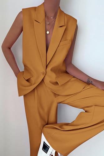 Image of PRETTYGARDEN Women's 2 Piece Outfits Sleeveless Suit Vest and Wide Leg Pants Business Casual Blazer Sets