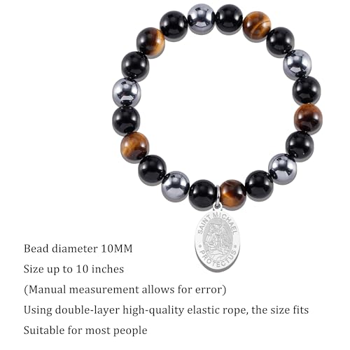 LIUANAN St Michael Bracelet for Men with Tiger Eye, Hematite, and Obsidian Saint Michael the Archangel Religious Gift Christian Faith Jewelry Protection Bracelet2