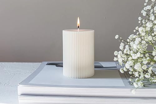 Image of Luces White Soy Wax Pillar Candle Set Of 3 Pcs Ribbed Vanilla Scented Pillar Candles For Home Decor Diwali Wedding Valentine Church X-Mass Spa Dinner Table