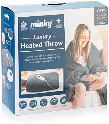 Minky Luxury Heated Throw Blanket | Grey | Luxury Fleece Blankets | 180x180cm | 10 Heat Settings | Low Running Costs | Machine Washable | Electric Blanket Double | Heated Blanket