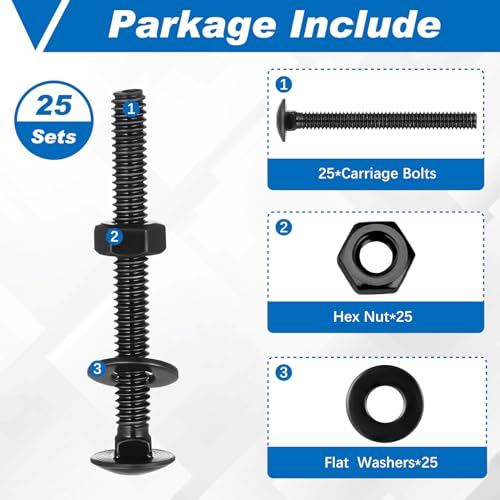 Image of Zonon 25 Sets 1 /4-20 x 2-1 /2 inch Stainless Steel Carriage Bolts and Nuts Kit Round Head Square Neck Carriage Bolts Screws and Hex Nuts and Flat Washers, Stainless 18-8 Full Thread Coverage (Black)