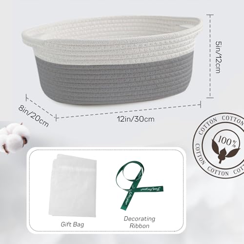 Image of Woven Basket with Gift Bags - Small Ribbons Durable Baskets for Christmas Gifts Empty Rope Basket for Storage 12 inchX 8 inch X 5 inch Baby Toy Basket with Handles (Grey)