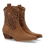 100924 Botin Cowboy para Mujer, Diseno Calado en la Cana, Toque Artesanal y Distintivo. Tacon bajo y Suela Flexible. Troquelado con transpiracion, Ideal para Looks de Entretiempo. Camel Talla 37