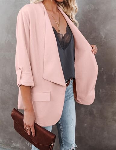 Womens Casual Blazer Jackets Roll Up Long Sleeve Open Front Work Office Business Blazers with Pockets Pink3
