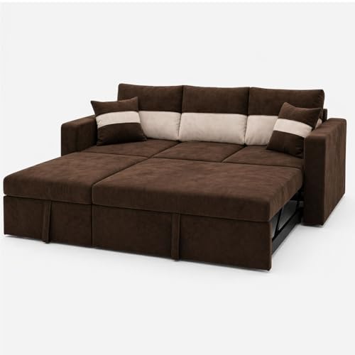 Image of FURNY Soria 4 Seater LHS Lounger Sofa Cum Bed (Dark Brown - Cream) with Pull-Out Function | Luxury Velvet Suede Finish | Durable Comfort | Ideal for Living Room
