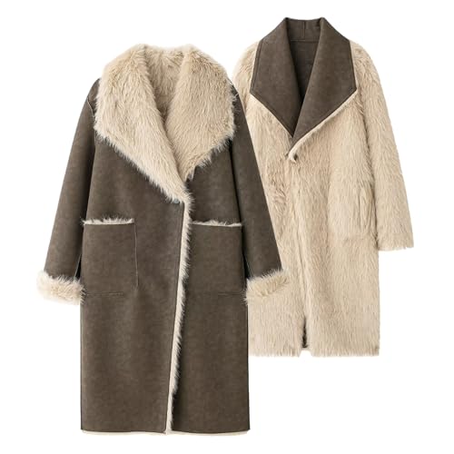 Image of Double-Faced Reversible Long Coat - Womens Long Faux Fur Coat, Vintage Fur Leather Jackets Lapel Big Pockets Warm Coats (Brown,Large)