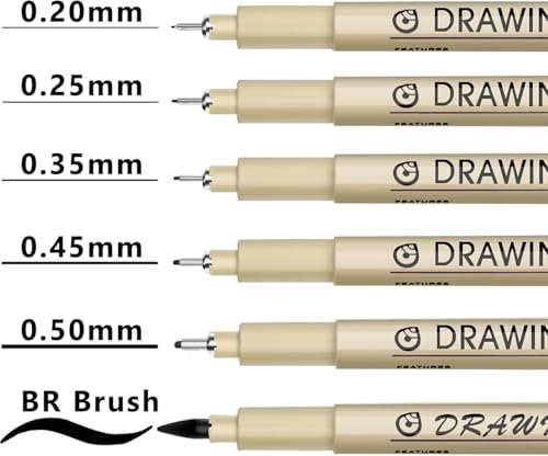 Image of Premium Fineliner Pens Set of 6 Unique tip sizes: 0.20mm, 0.25mm, 0.35mm, 0.5mm, 0.6mm,1 soft tips pen (BRF) Waterproof Black Pigment Ink Pens for Illustration, calligraphy,Technical Drawing Pens