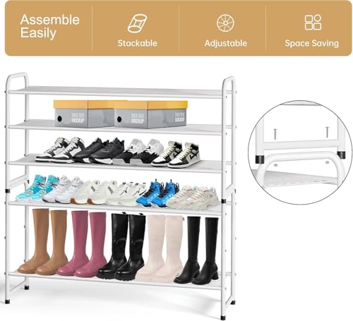Image of KEETDY 3-Tier Long Shoe Rack for Closet Metal Shoe Organizer for Entryway, Wide Stackable Shoe Storage Shelf with Sturdy Wire Grid for Closet Floor, Bedroom, White