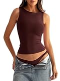 Eachyes Womens Boat Neck Seamless Tank Tops Sleeveless Double Layering Shirts Basic Going Out Tops Summer Outfits Wine Red Large