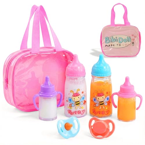 BiBi Doll 7-Piece Baby Doll Accessories Set Magic Milk Bottles Juice Bottles Dummies & Carry Bag for Realistic Role Play Great Gift for Boys and Girls