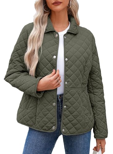 Dokotoo Womens Puffer Jacket Casual Lightweight Quilted Jackets for Women Stand Collar Button Down Winter Coats Thicken Warm Outerwear Coat with Pockets Green Medium