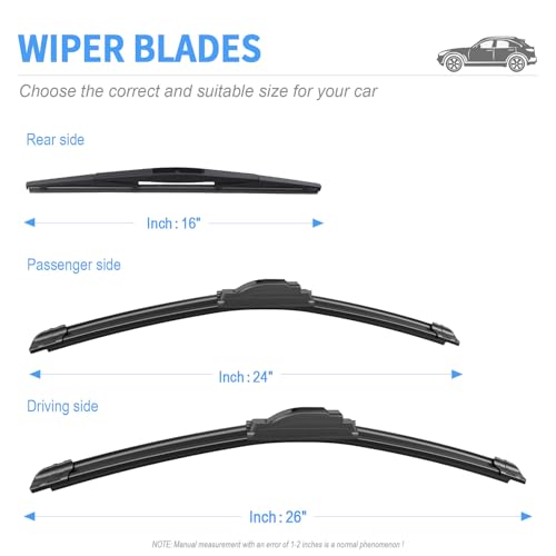 Image of Gavimnal Silicone Wiper Blades Replacement For Honda Passport 2019-2025 | 26 inch+24 inch Front & 16 inch Rear, All-Weather, Streak-Free, OE-fit, Quiet, Easy One-Click Install