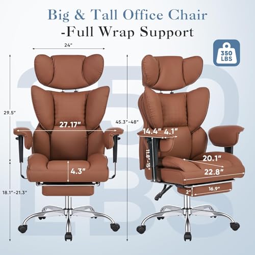 Image of Big and Tall Office Chair 350 LBS, Scratch-Resistant PU Leather Executive Office Desk Chair with Footrest, Ergonomic Reclining Computer Chair with Pocket Spring Support for Home Office, Brown