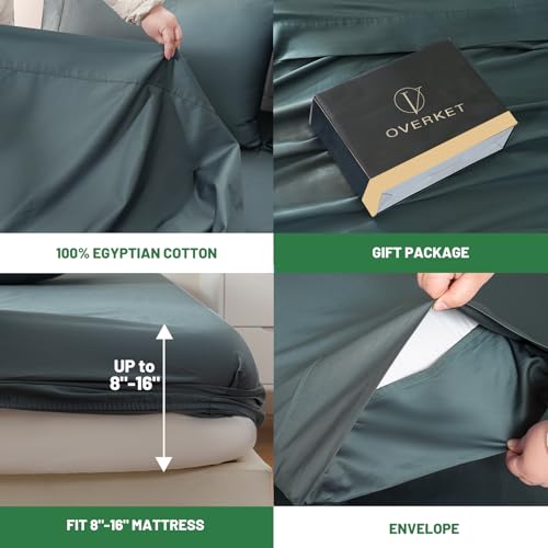 Image of 1000 Thread Count Egyptian Cotton Sheets Queen Size Set 4PCS Sateen Weave Soft Breathable 16-Inch Deep Pocket(Queen,Lake Blue)