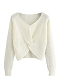 MakeMeChic Women's Casual V Neck Sweater Long Sleeve Knot Front Crop Top Pullovers A Beige S