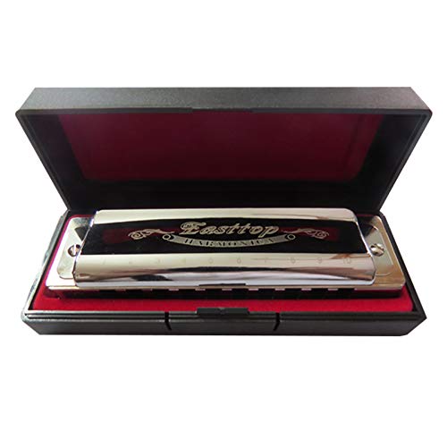 East top Diatonic Harmonica 10 Holes C Key Professional Blues Harmonica with Brass Comb, Mouth Organ Harmonica with Case for Professional Player and Students (T006)
