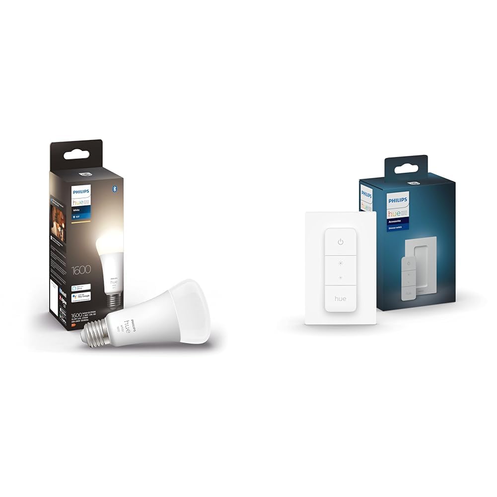 Philips Hue White Lampadina Smart LED Smart, Bluetooh, Attacco E27, 15W, Dimmerabile, Luce Bianca Calda, Bianco & Telecomando Dimmer Switch, Controllo illuminazione Smart, Bianco, Versione 2021