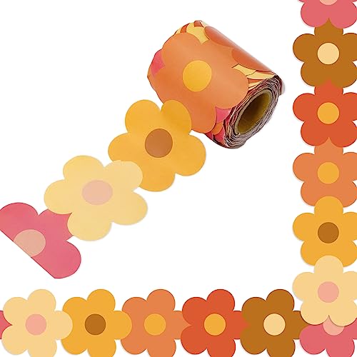 Image of Whaline 32.8ft Groovy Retro Hippie Flower Bulletin Board Borders Boho Flower Die-Cut Bulletin Board Flower Shape Rolled Bulletin Board Trim for School Classroom Office Chalkboard Decoration