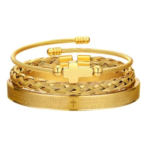 WFYOU 3PCS Stainless Steel Bracelets for Men Gold Roman Numeral Bangle Bracelet Twisted Cable Bracelet Adjustable Cuff Bracelet Mens Luxury Jewelry Bracelets Gifts, Metal, stainless-steel Cover