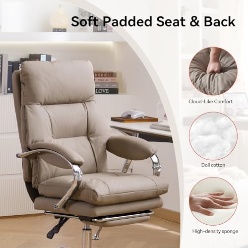 Image of LEAGOO Office Chair with Foot Rest, Executive Reclining Office Chairs with Arms, Ergonomic High Back PU Leather Comfy Swivel Computer Desk Chairs with Wheels and Lumbar Support for Home Office, Tan