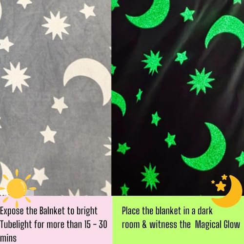 Image of Glow in The Dark Star Moon Blanket 65 x 48 Inches, Soft Flannel Throw for Girls, Boys, Kids, Luminous Cartoon Design, Lightweight Cozy Blanket, Bed Sofa, Travel Blanket