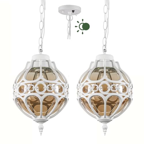 Dusk To Dawn Globe Outdoor Pendant Lights, White Porch Hanging Lantern Pendant Lighting, Outside Aluminum Waterproof Adjustable Ceiling Light, Vintage Amber Glass Exterior Chandelier 2 Pack