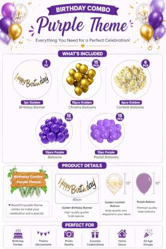 Image of Happy Birthday Decoration Items Set - 54 pcs | Purple Theme Kit with Golden & Lavender Balloons, Birthday Banner, Tape & Glue | All-in-One Party Decor Kit