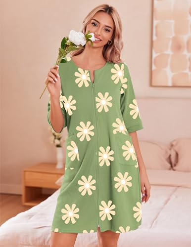 Image of Ekouaer Zip Up Robes for Women Short Waffle Bathrobe Lightweight house coat 3 /4 Sleeve Soft Nightgown with Pockets S-3XL