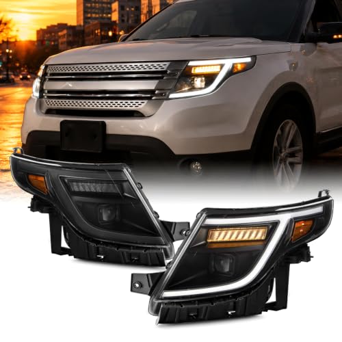 AKKON - Fits 2011-2015 Ford Explorer Halogen Type Projector Black Headlights Pair w/LED Tube DRL Sequential Turn Signal