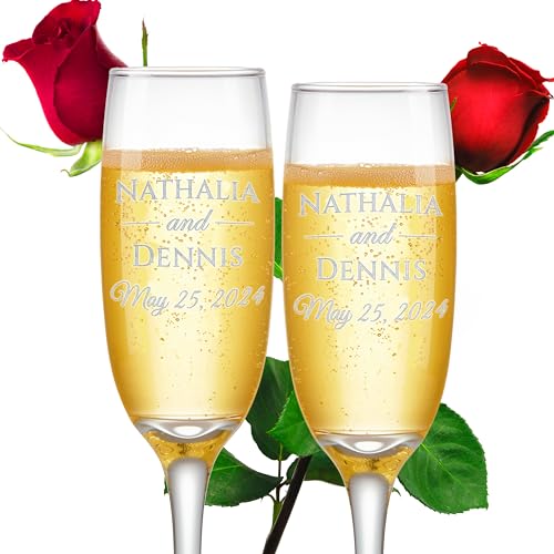 Personalized Champagne Toasting Flutes | Classic Design | Set of 2 | Custom Engraved Wedding Glasses for Bride, Groom Couple with Names and Date