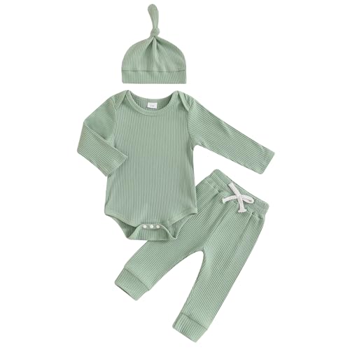 Image of Newborn Baby Boy Girl Outfits Long Sleeve Striped Ribbed Knitted Romper Pants Hat 3Pcs Infant Fall Winter Clothes
