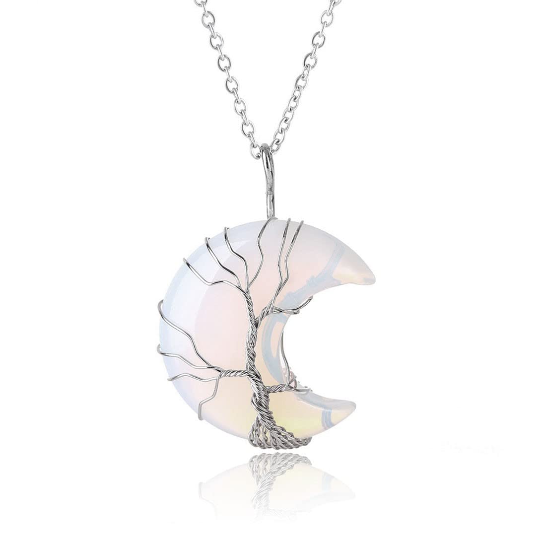 LICHUANUK Women's Tree of Life Quartz Crystal Necklace, Silver Chain with Moon Pendant, Ideal for Reiki Healing and Yoga Chakra Balance