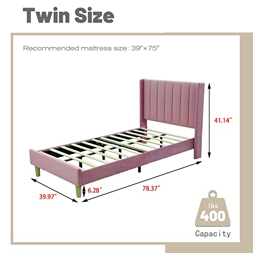 Agartt Upholstered Platform Bed Frame Twin Size With Headboard And Footboard/Wooden Slats Support/No Box Spring Needed/Easy Assembly,Pink Velvet #TOP2